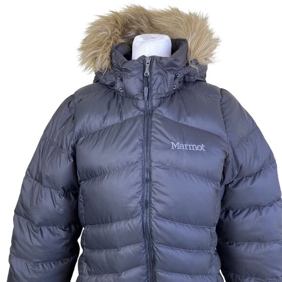 Marmot Womens Sz M Montreal Down Coat 700 Fill Hooded Faux-fur Trim Quilted Warm - Picture 4 of 16
